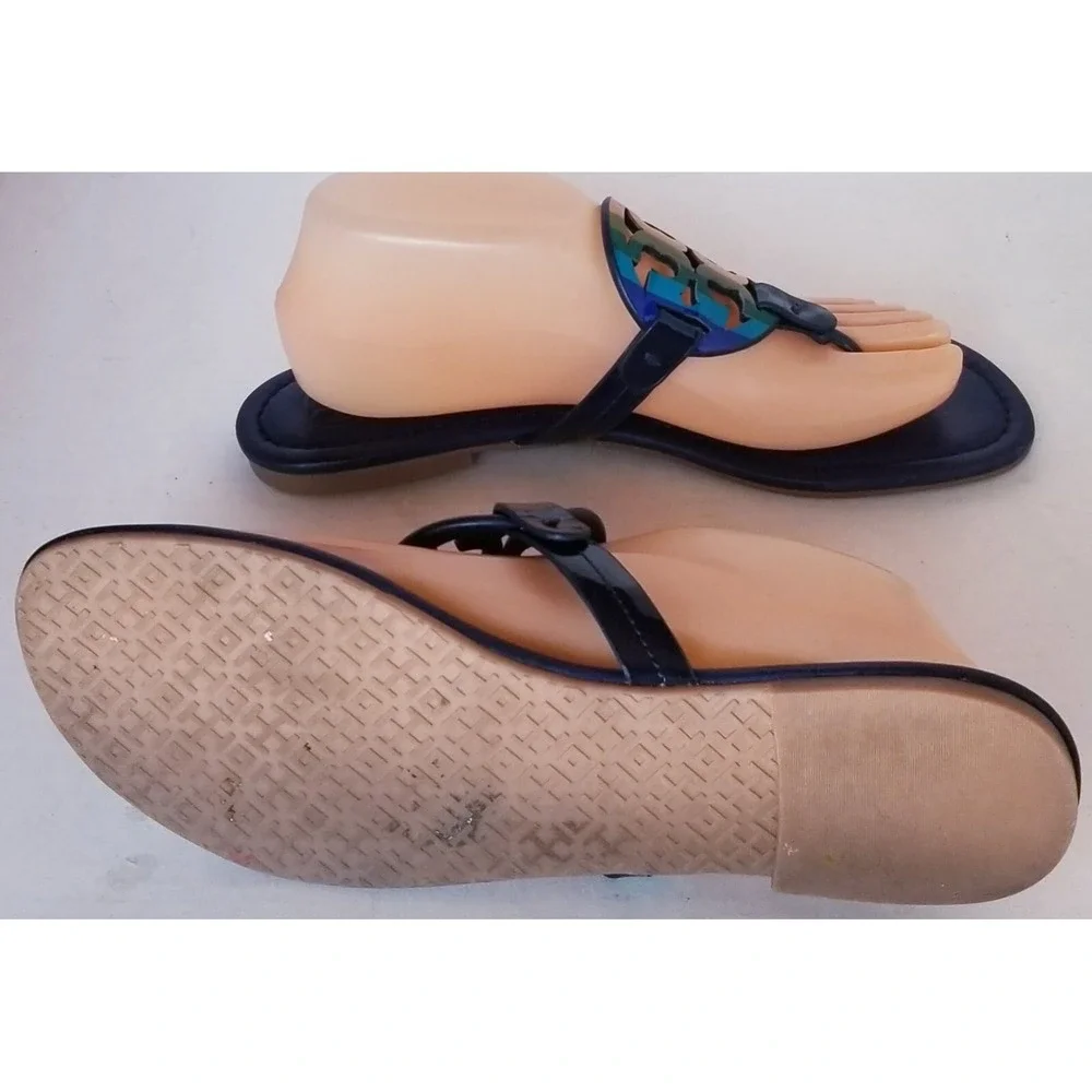 TORY BURCH Rainbow Leather BIG Medalion Slides/Thongs/Flat Sandals Sz 8.5M